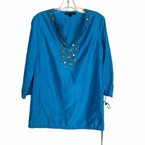 Lafayette 148 Turquoise Beaded Blouse Size 2